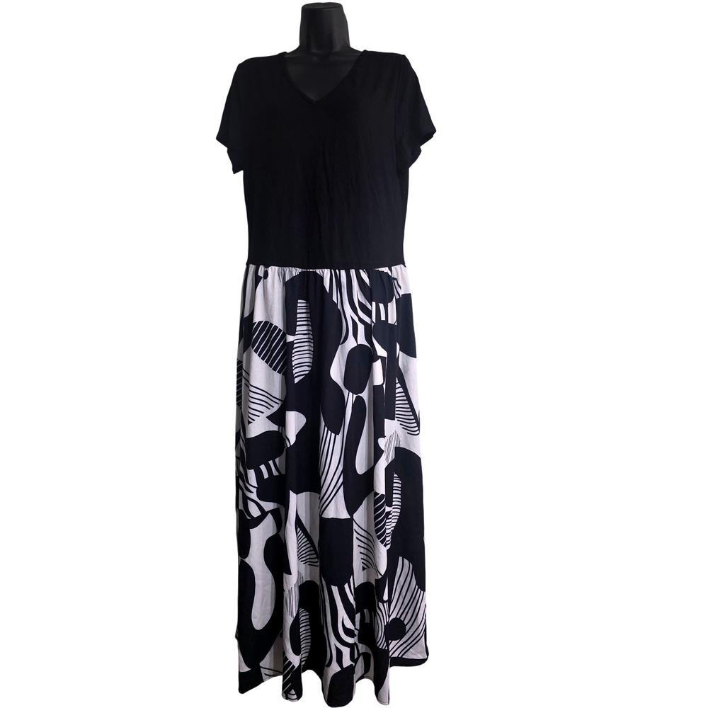 ADOR‎ Women XXL Black White Abstract Graphic Print V-Neck Maxi Dress NWT